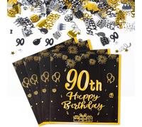 Yiran Decoracion Cumpleaños 90 Años Oro Negro incluyen 20 Piezas Servilletas Papel y 15g Confeti de 90 Cumpleaños, Happy 90th Birthday Decoracion de Fiestas Cumpleaños para Hombres y Mujeres