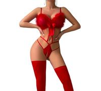 YISENJEE Lenceria Mujer Sexy Erótico Diadema con Orejas De Conejo Entrepierna Abierta No Es Necesario Quitársela Sujetador Calado con Lazo Rojo S