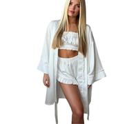 YISENJEE Robe Conjunto De Tres Piezas para Mujer: Bata Top Y Shorts De Seda Helada con Estampado De Tulipanes Y Manga Larga para Estar En Casa.