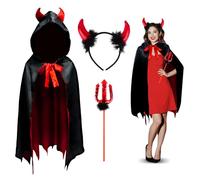 yisight 3 Pcs Disfraz Diablo Mujer, Disfraz de Vampiro, Capa con Capucha y Cuernos de Diablo, Capa Dracula para Fiestas de Halloween y Carnaval Cosplay