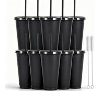 Yisituo Vasos de plástico reutilizables de 24 onzas, paquete de 10 vasos fríos con tapa y popote, vasos de viaje para adultos y niños, fiestas y playa, reuniones en la piscina (10, negro sólido)