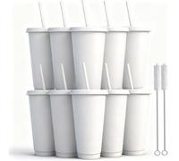 Yisituo Vasos de plástico reutilizables de 24 onzas, paquete de 10 vasos fríos con tapa y popote, vasos de viaje para adultos y niños, fiestas y playa, reuniones en la piscina (10, blanco)