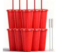 Yisituo Vasos de plástico reutilizables de 710 ml, paquete de 10 vasos fríos con tapa y popote, vasos de viaje para adultos y fiestas y playa, reuniones en la piscina (10, rojo)