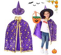 YISKY GugnRyAc Disfraz infantil de Halloween, capa de mago con sombrero, calabaza y bolsa de caramelos, abrigo con accesorios para niños y niñas (Violeta)