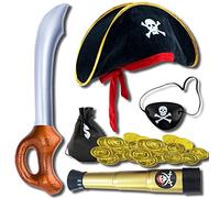 YISKY Pirata con Accesorios, Disfraz Pirata Niño, Sombrero de Pirata + Telescopio + parche en el ojo + Pirata Espadas + Monedero, para Halloween Carnaval Cumpleaños Mascarada Fiesta Costume