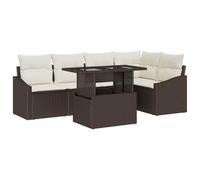Yisssmeng Juego de 6 sofás de jardín con mesa, color marrón y crema | Conjunto de salón de ratán flexible para terraza y balcón con mesa de cristal y patas ajustables para un soporte seguro.