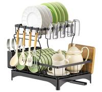 YISSVIC Escurreplatos Escurridor de Platos Acero Ioxidable de 2 Niveles con Drenaje Giratorio de 360°, Portavasos y Portacubiertos Extraíbles, Soporte para Tabla de Cortar- 42 x 33,5 x 30 cm