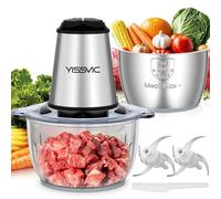 YISSVIC Picadora de cocina eléctrica 2 l, cuencos dobles (cristal y acero inoxidable), 500 W, batidora multifunción 2 x 4 cuchillas, para frutas, verduras, carnes y especias