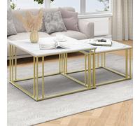 YITAHOME 2 Mesa de Centro Modernas para Salón, Mesas de Centro de Madera Gris Blanca con Diseño Desmontable, Mesas de Cóctel, Mesa Auxiliar, Mesa de Café con Marco de Metal Dorado Resistente
