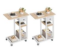 YITAHOME 2PCS Mesa Auxiliar en Forma de C, Mesa Auxiliar para Sofá con Cacharro y Ruedas, Mesa de Café para Computadora Portátil,para Sala de Estar, Dormitorio，Roble