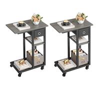 YITAHOME 2PCS Mesa Auxiliar en Forma de C, Mesa Auxiliar para Sofá con Cacharro y Ruedas, Mesa de Café para Computadora Portátil,para Sala de Estar, Dormitorio，Gris
