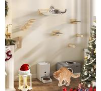 YITAHOME 7 PCS Estante de Escalada para Gatos Montado en La Pared, Muebles de Pared de Madera para Gatos Árbol para Gatos con 3 Columnas Cubiertas de Sisal/Escalera de 4 Escalones con Rascador/Hamaca