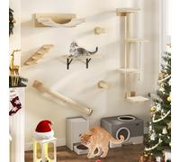 YITAHOME 7PCS Estante de Escalada para Gatos Montado en La Pared con 3 Postes Rascadores/Escaleras de 4 Escalones/Hamaca/Cama para Gatos, Árbol para Gatos Montado en La Pared con 4 Plataformas