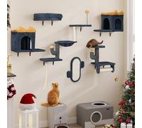 YITAHOME 7PCS Estante de Escalada para Gatos Montado en La Pared, Muebles de Pared de Madera para Gatos Árbol para Gatos con Casa/Hamaca para Gatos/Bola Colgante, Gris Oscuro y Amarillo