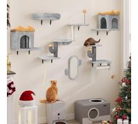 YITAHOME 7PCS Estante de Escalada para Gatos Montado en La Pared, Muebles de Pared de Madera para Gatos Árbol para Gatos con Casa/Hamaca para Gatos/Bola Colgante, Gris Claro y Amarillo