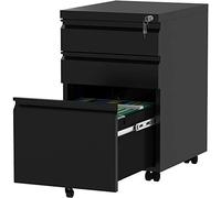 YITAHOME Armario Archivador Móvil, 3 Cajones Cajonera de Oficina con Ruedas, Metalico Mueble Oficina Archivador con Cerradura y Llave para Carta/A4, Negro, 46 x 39 x 62cm
