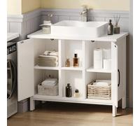 YITAHOME Armario para Debajo del Lavabo, 70 x 30 x 60,5 cm, con 2 Puertas, Compartimento Abierto, Estante Ajustable, con Asas, Color Blanco