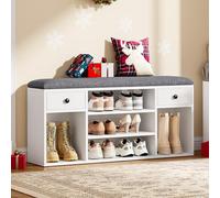 YITAHOME Banco Zapatero con Cojín, Banco de Pasillo, 2 Cajón de Tela y Compartimentos Abiertos, Banco de Almacenamiento, 5 Compartimentos, Almacenamiento Oculto, Blanco y Gris