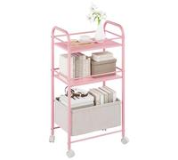 YITAHOME Carrito de Cocina de 3 Niveles, con Tabla de Madera, Estructura de Metal y Cesta Trenzada, Carrito con Ruedas con Bloqueo, asa, Carrito de Libros para Oficina, salón (Rosa)