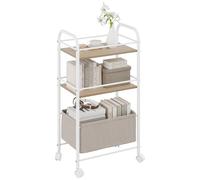 YITAHOME Carrito de Cocina de 3 Niveles, con Tabla de Madera, Estructura de Metal y Cesta Trenzada, Carrito con Ruedas con Bloqueo, asa, Carrito de Libros para Oficina, salón (Blanco)
