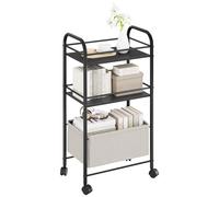 YITAHOME Carrito de Cocina de 3 Niveles, con Tabla de Madera, Estructura de Metal y Cesta Trenzada, Carrito con Ruedas con Bloqueo, asa, Carrito de Libros para Oficina, salón (Negro)