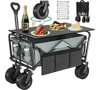 YITAHOME Carrito de Playa con Grandes Ruedas Universales, Carretilla Plegable con Mesa y 2 Portavasos Gran Capacidad 220 lbs, Altura del Mango Ajustable, Carro Camping para Jardín/Playa/Picnic (Gris)