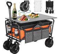 YITAHOME Carrito de Playa con Grandes Ruedas Universales, Carretilla Plegable con Mesa y 2 Portavasos Gran Capacidad 220lbs Altura del Mango Ajustable, Carro Camping para Jardín/Playa/Picnic (Naranja)