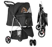 YITAHOME Carrito plegable para perros de 15 kg, con 3 ruedas, ventanas de malla, soporte para bebidas y frenos, adecuado para mascotas de tamaño mediano, color negro