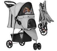 YITAHOME Carrito plegable para perros de 15 kg, con 3 ruedas, ventanas de malla, soporte para bebidas y frenos, adecuado para mascotas de tamaño mediano gris claro