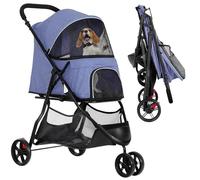 YITAHOME Carrito plegable para perros y gatos de 15 kg, tres ruedas, ventana de malla, frenos, marco de tubo de hierro, resistente, adecuado para mascotas de tamaño mediano, azul vaquero