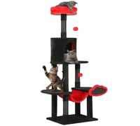 YITAHOME Árbol de escalada para gatos con hamaca, rascadores, dos bolas colgantes y escondite de peluche, torre para gatos para el hogar, centro de actividades para gatos, rojo y negro