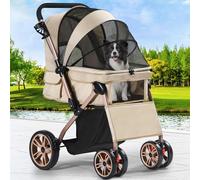 YITAHOME Cochecito para mascotas con mango reversible, cochecito plegable para perros pequeños, ventanas de malla, portavasos, ruedas de EVA giratorias de 360° con frenos (caqui)