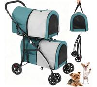 YITAHOME Cochecito para perros de dos pisos, capacidad de carga de hasta 30 kg, plegable con ventana de malla, para dos perros y gatos, color verde oscuro y gris