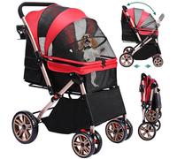 YITAHOME Cochecito plegable para perros pequeños, cochecito para mascotas con mango reversible, ventanas de malla, portavasos, ruedas de EVA giratorias de 360° con frenos (rojo)