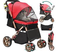 YITAHOME Cochecito plegable para perros y gatos de hasta 22 kg, con ruedas giratorias de 360°, bolsa de transporte, cojín, ventanas de red, puertas, carrito de gatos con cesta de almacenamiento, color