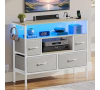 YITAHOME Cómoda con enchufes y luces LED, cómoda de tela con 4 cajones y 2 ganchos, adecuada para televisores de hasta 32 pulgadas, armario de tela para dormitorio, salón, oficina en casa, gris claro
