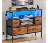 YITAHOME Cómoda con enchufes y Luces LED, Mueble de Tela con 4 cajones y 2 Ganchos, Adecuado para televisores de hasta 32 Pulgadas, Armario de Tela para Dormitorio, salón, marrón rústico