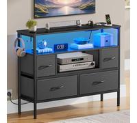 YITAHOME Cómoda con enchufes y Luces LED, Mueble de Tela con 4 cajones y 2 Ganchos, Adecuado para televisores de hasta 32 Pulgadas, Armario de Tela para Dormitorio, salón, Gris Oscuro