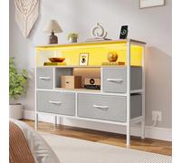 YITAHOME Cómoda de dormitorio con 4 cajones de tela, aparador con 2 enchufes, 2 puertos USB y barra de luz LED, mueble para TV con ganchos laterales, gris claro