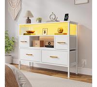 YITAHOME Cómoda de dormitorio con 4 cajones de tela, aparador con 2 enchufes, 2 puertos USB y barra de luz LED, armario para TV con ganchos laterales, color blanco