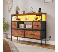 YITAHOME Cómoda de dormitorio con 4 cajones de tela, aparador con 2 enchufes, 2 puertos USB y barra de luz LED, mueble TV con ganchos laterales, color marrón rústico