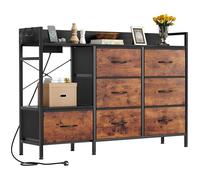 YITAHOME Cómoda para Dormitorio con 7 cajones de Tela, cómoda con 2 enchufes, 2 Puertos USB y Tira de luz LED, Armario de TV con Ganchos Laterales, marrón rústico