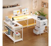 YITAHOME Escritorio esquinero con 4 cajones y Espacio de Almacenamiento, Escritorio para Videojuegos con LED y Soporte para Monitor para Oficina en casa, Escritorio de Esquina Reversible con 2