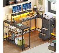 YITAHOME Escritorio esquinero con 4 cajones y Espacio de Almacenamiento, Escritorio para Videojuegos con LED y Soporte para Monitor para Oficina en casa, Escritorio de Esquina Reversible con 2