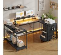 YITAHOME Escritorio esquinero con 4 cajones y Espacio de Almacenamiento, Escritorio para Videojuegos con LED y Soporte para Monitor para Oficina en casa, Escritorio de Esquina Reversible con 2