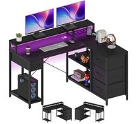 YITAHOME Escritorio esquinero Reversible en Forma de L con Puerto de Carga USB y Enchufe, con 4 cajones y Estante, Escritorio de Juego con Soporte de Pantalla, 140 x 100 cm, Color Negro