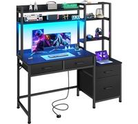 YITAHOME Escritorio para Ordenador con cajones, en casa, Oficina, Esquina, Mesa de Ordenador y estanterías, estación de Trabajo para Juegos con luz LED y enchufes, Escritorio de Esquina, Color Negro