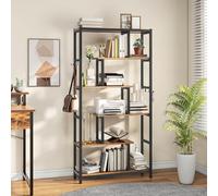 YITAHOME Estantería, Librería Alta de 6 Niveles con 4 Ganchos, Estante de pie Grande, Estantería Industrial con Marco de Acero, para Sala de Estar, Dormitorio, Oficina en Casa, Marrón Rústico