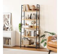 YITAHOME Estantería, Librería Industrial de 5 Niveles con 4 Ganchos, Estante de pie con Forma de Escalera y Marco de Acero para Sala de Estar, Dormitorio y Oficina en casa, Marrón Rústico