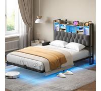 YITAHOME Estructura de Cama LED con cabecero de iluminación LED, estación de Carga USB, Incluye cabecero, diseño Flotante, Marco de Metal, Funda de Tela en Gris, sin colchón, 180 x 200 cm